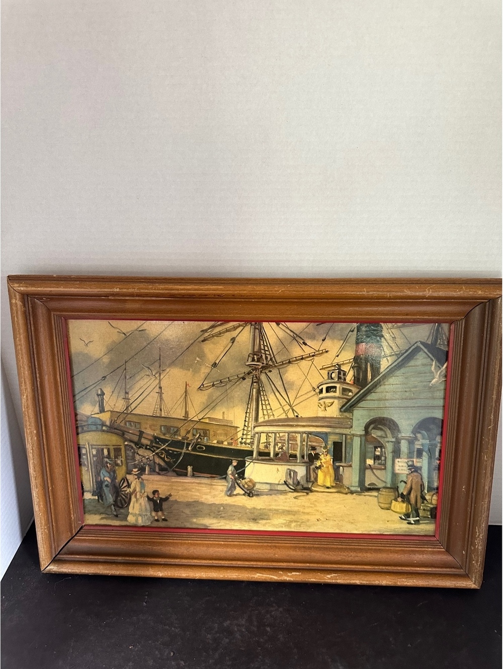 Vintage signed harbor maritime scene framed wall art 12 x 18